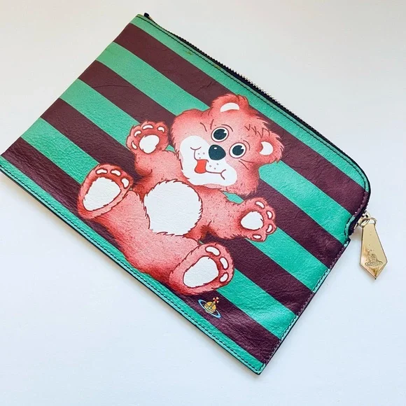 Vivienne Westwood RARE GREEN STRIPE TEDDY BEAR CLUTCH NWT AW15